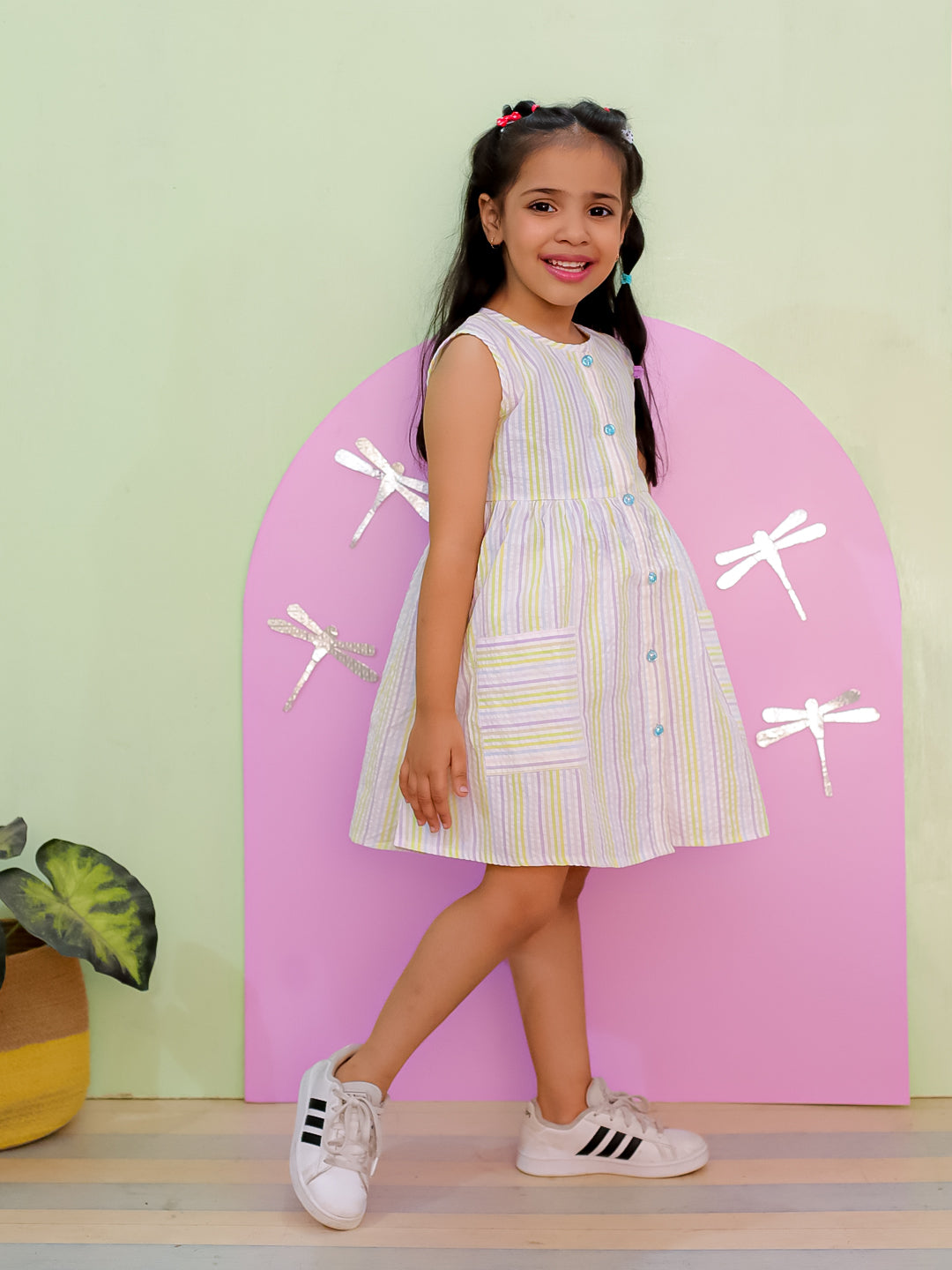 Multi Color Striped Girls Dress with Patch Pockets