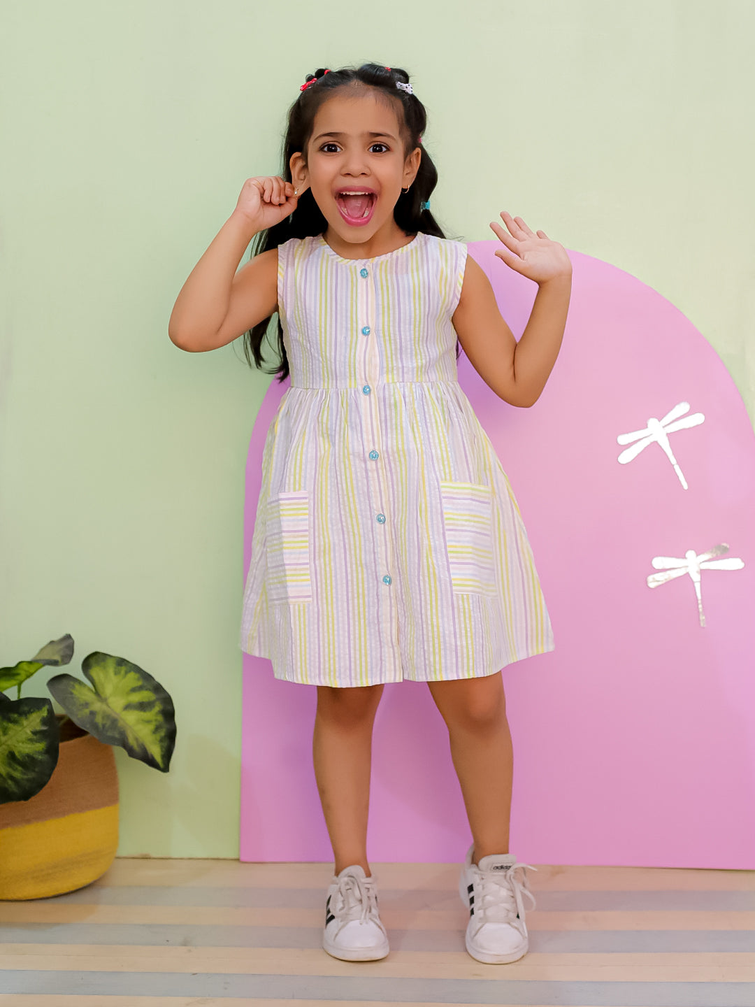 Multi Color Striped Girls Dress with Patch Pockets