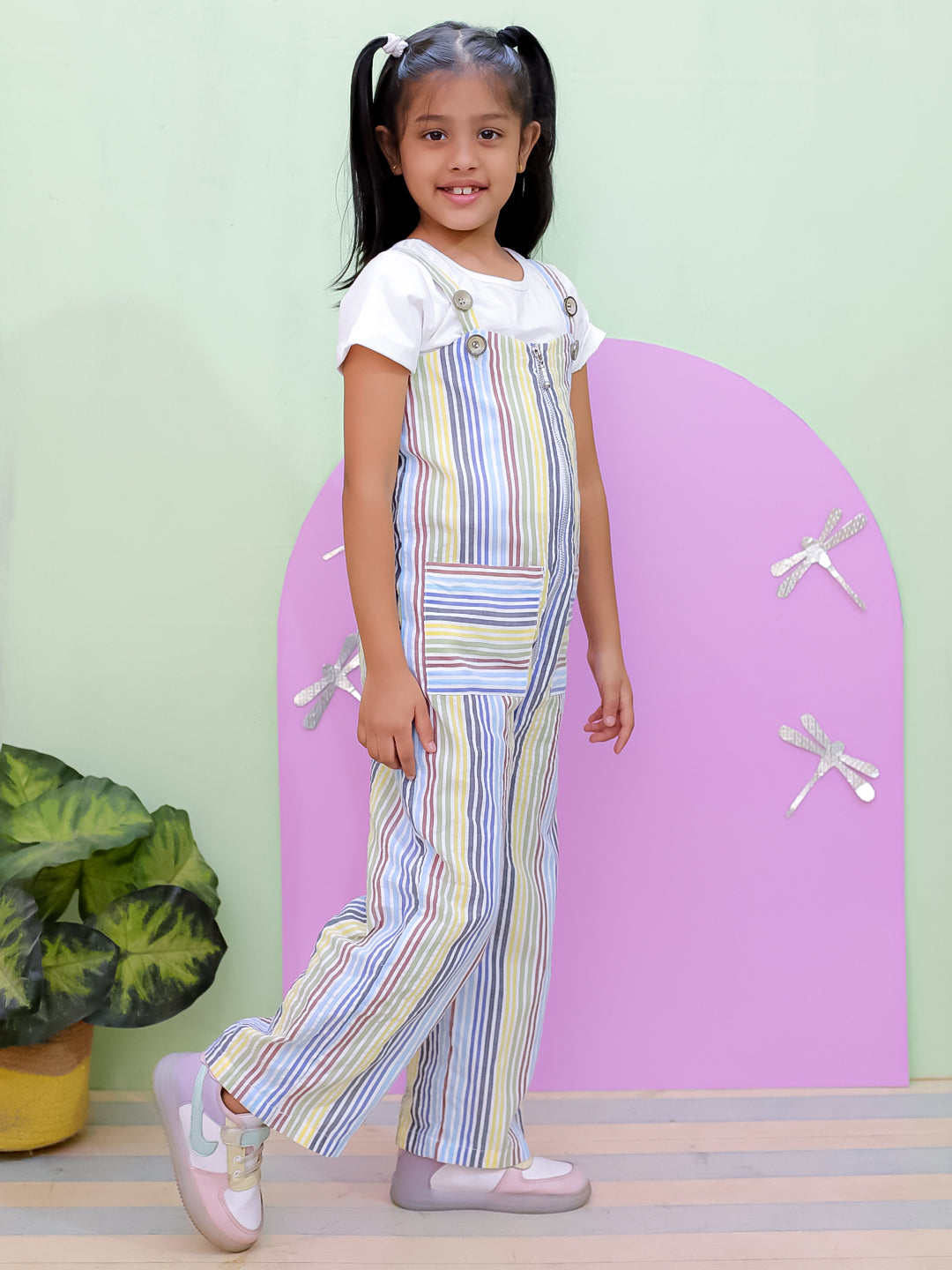 Multi Color Striped Girls Dungaree With White Top