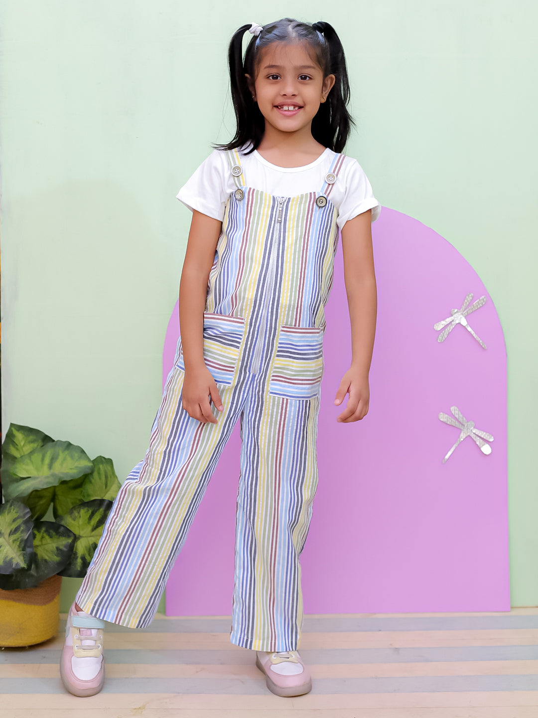 Multi Color Striped Girls Dungaree With White Top