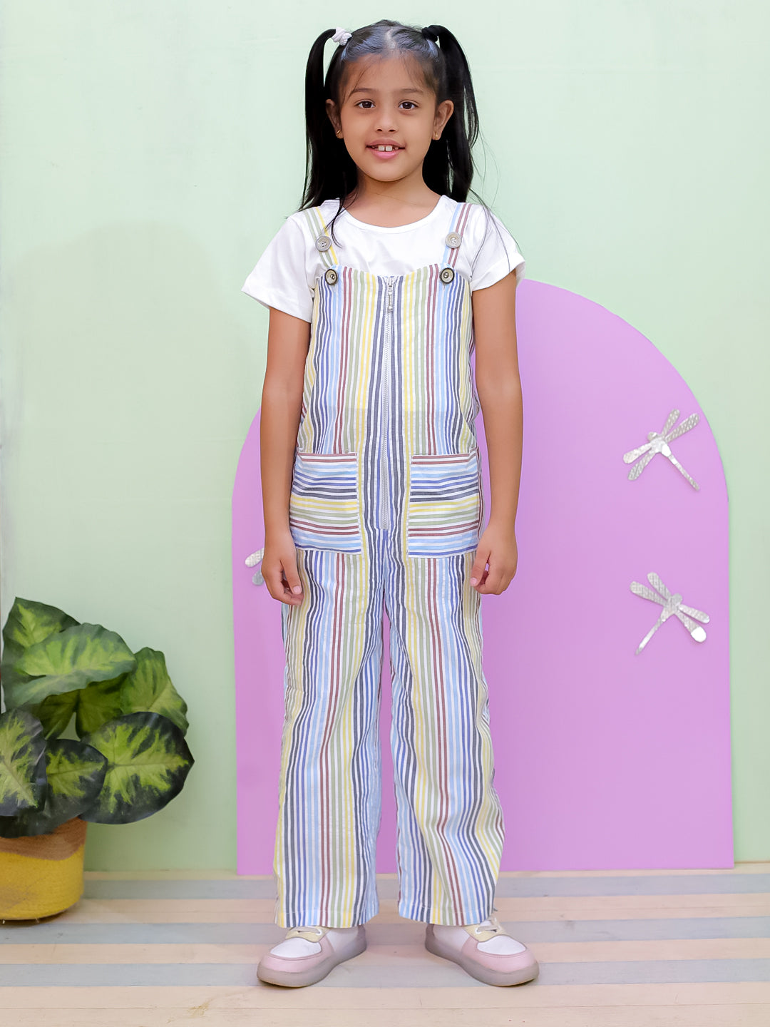 Multi Color Striped Girls Dungaree With White Top