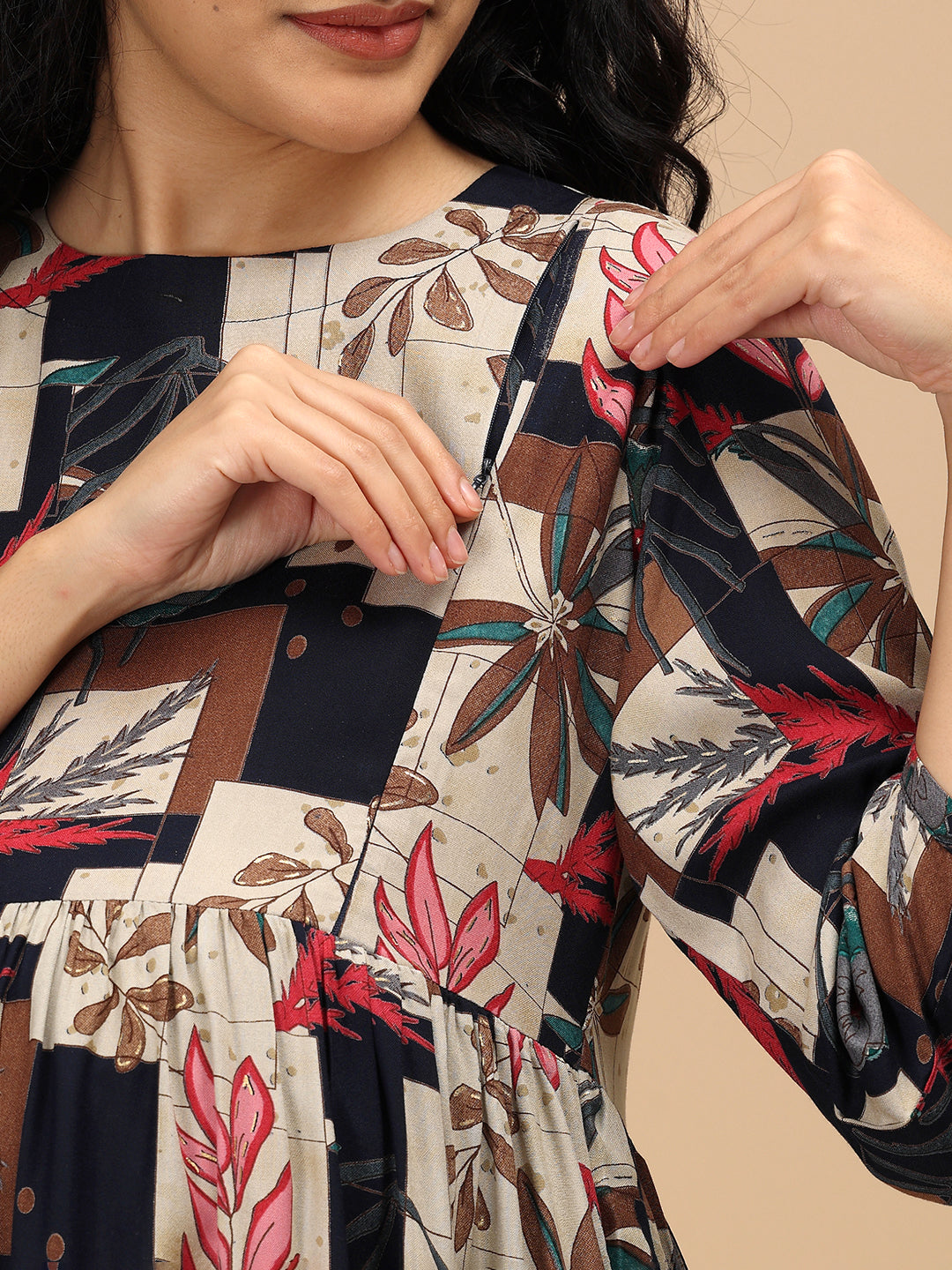 Close-up of hidden nursing zipper on The Mom Store Muted Muse maternity and nursing dress.