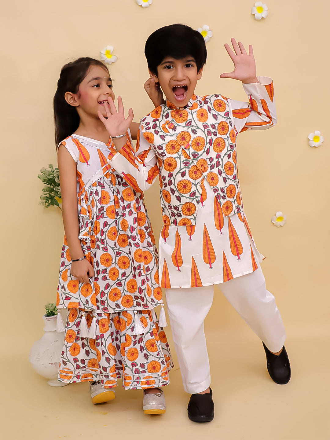 Ethnic Set-Narangi Girls Anarkali Kurta Sharara Set and Boys Jacket And Kurta Pajama Set