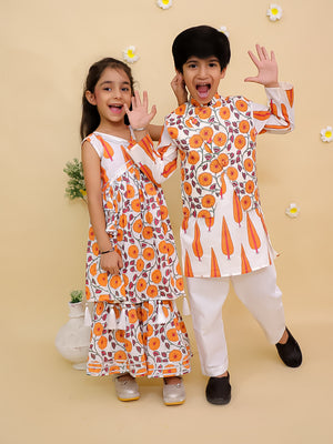 Ethnic Set-Narangi Girls Anarkali Kurta Sharara Set and Boys Jacket And Kurta Pajama Set - The Mom Store