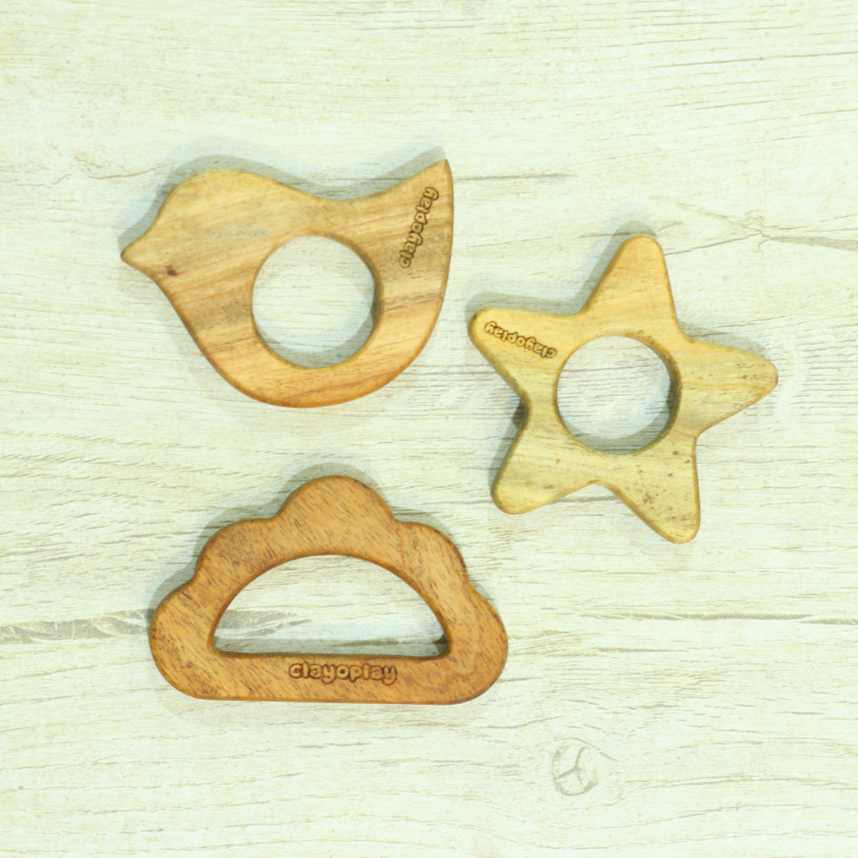 Earthytweens Neem Wood Teethers Set Of 3 (Bird+Star+Cloud)
