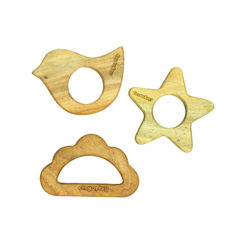 Earthytweens Neem Wood Teethers Set Of 3 (Bird+Star+Cloud)