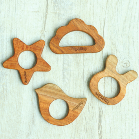 Earthytweens Neem Wood Teethers Set Of 4 (Bird+Bunny+Cloud+Star)