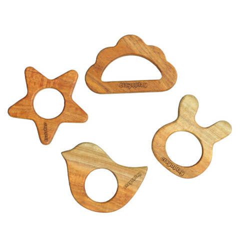 Earthytweens Neem Wood Teethers Set Of 4 (Bird+Bunny+Cloud+Star)