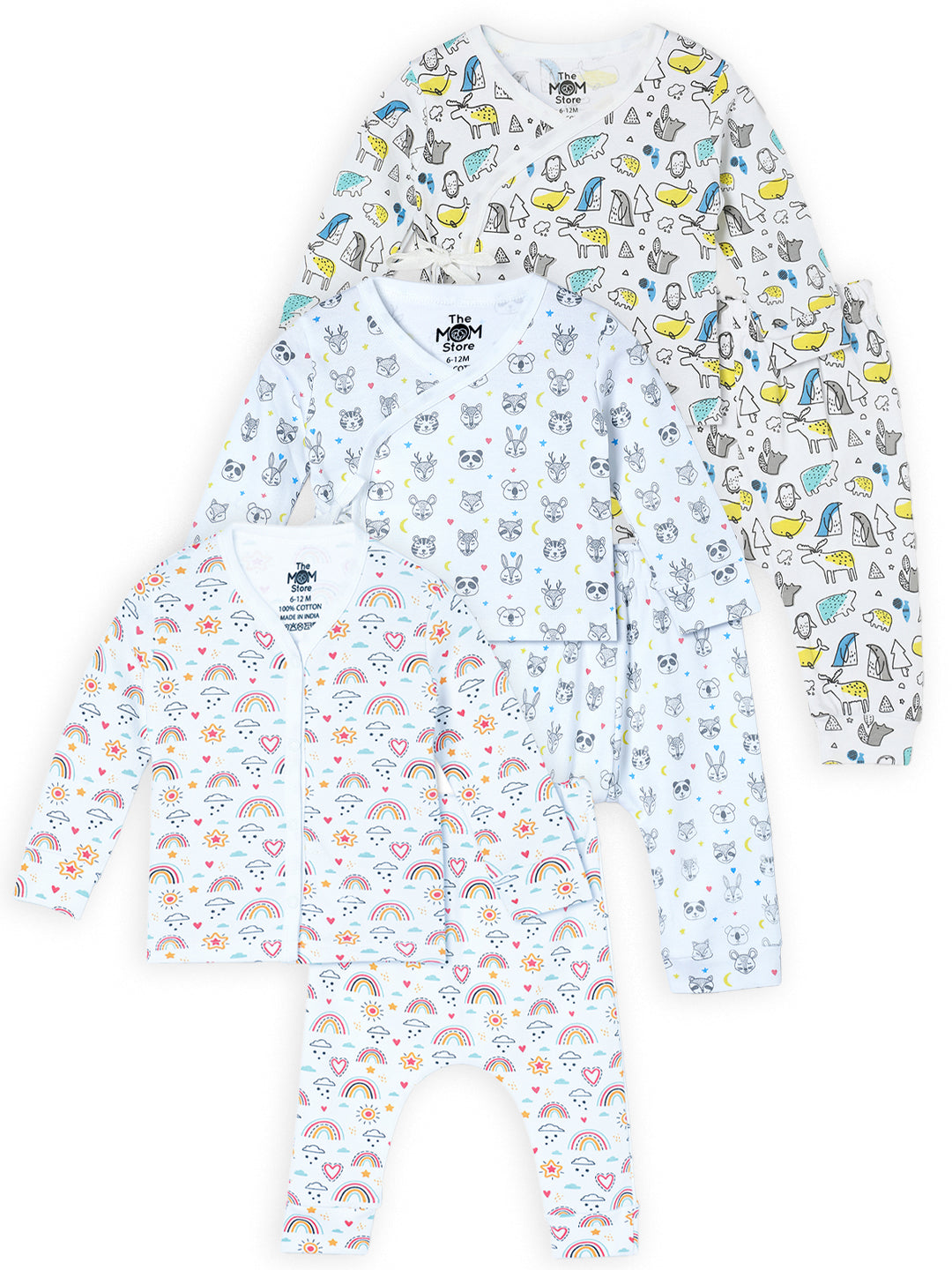 Newborn and Infant Pajama Set Combo of 3: Rainbow Land-Animal Party-Sleep Munchkins