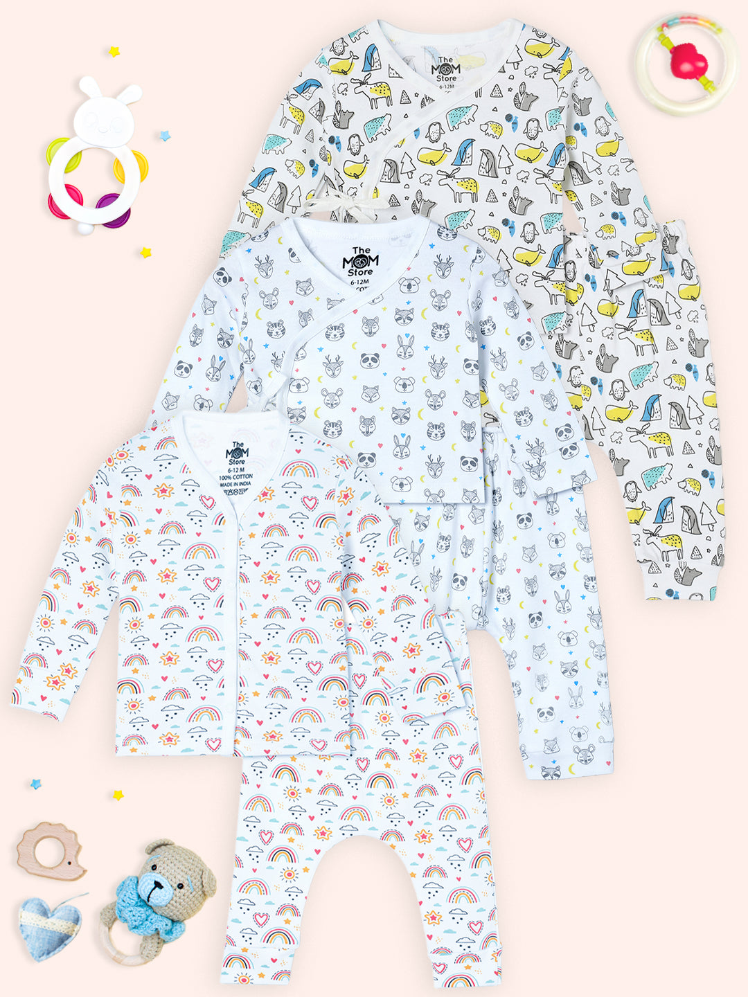 Newborn and Infant Pajama Set Combo of 3: Rainbow Land-Animal Party-Sleep Munchkins