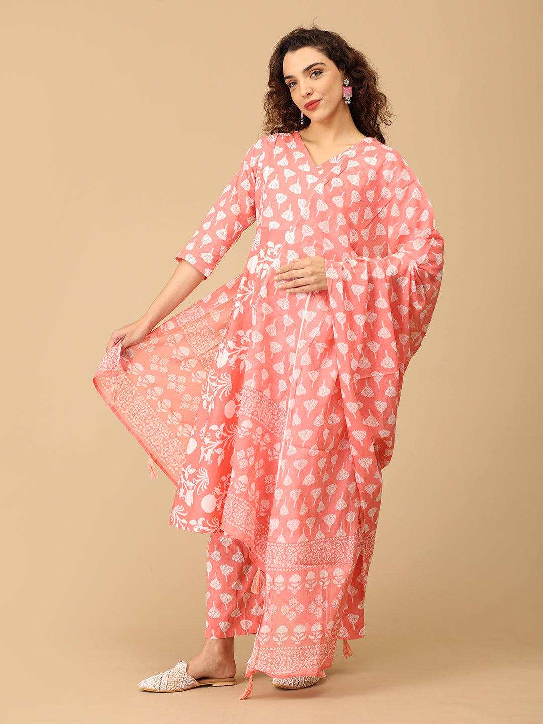 Peach Parchhai Maternity and Nursing Kurta Set With Dupatta