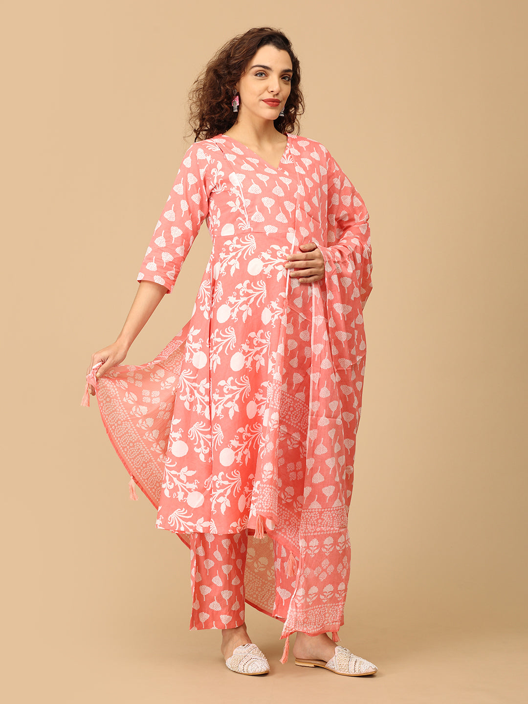 Peach Parchhai Maternity and Nursing Kurta Set With Dupatta