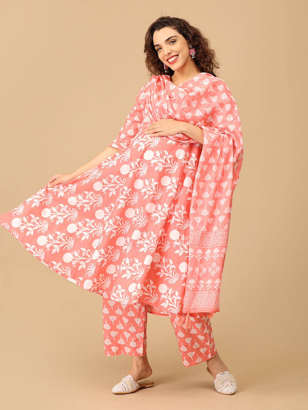 Peach Parchhai Maternity and Nursing Kurta Set With Dupatta