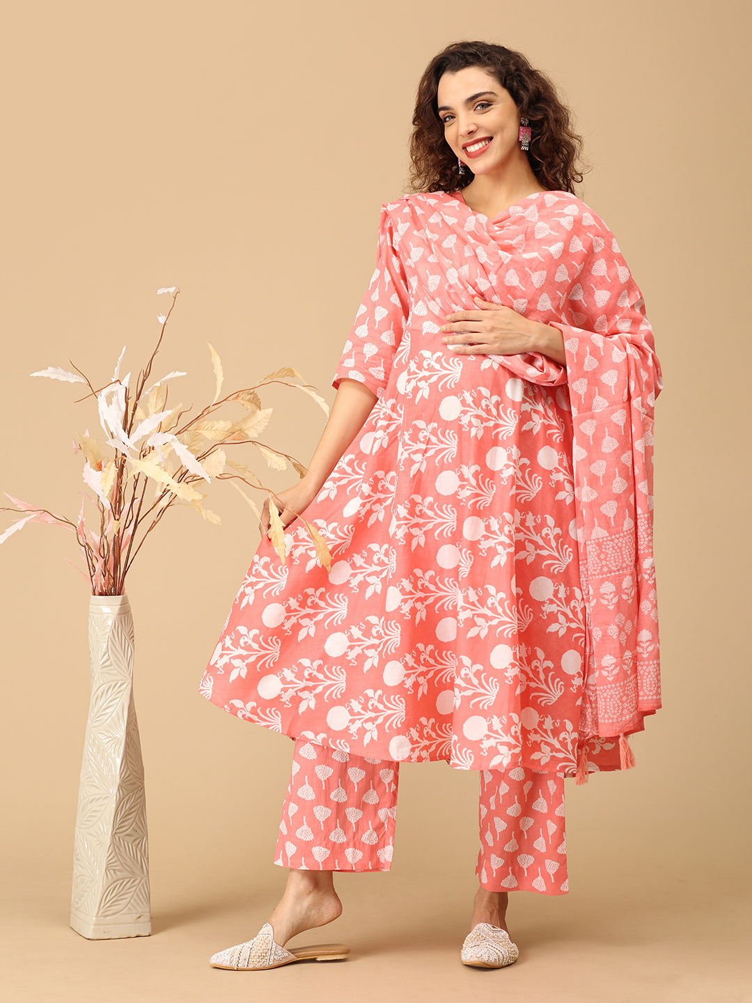 Peach Parchhai Maternity and Nursing Kurta Set With Dupatta