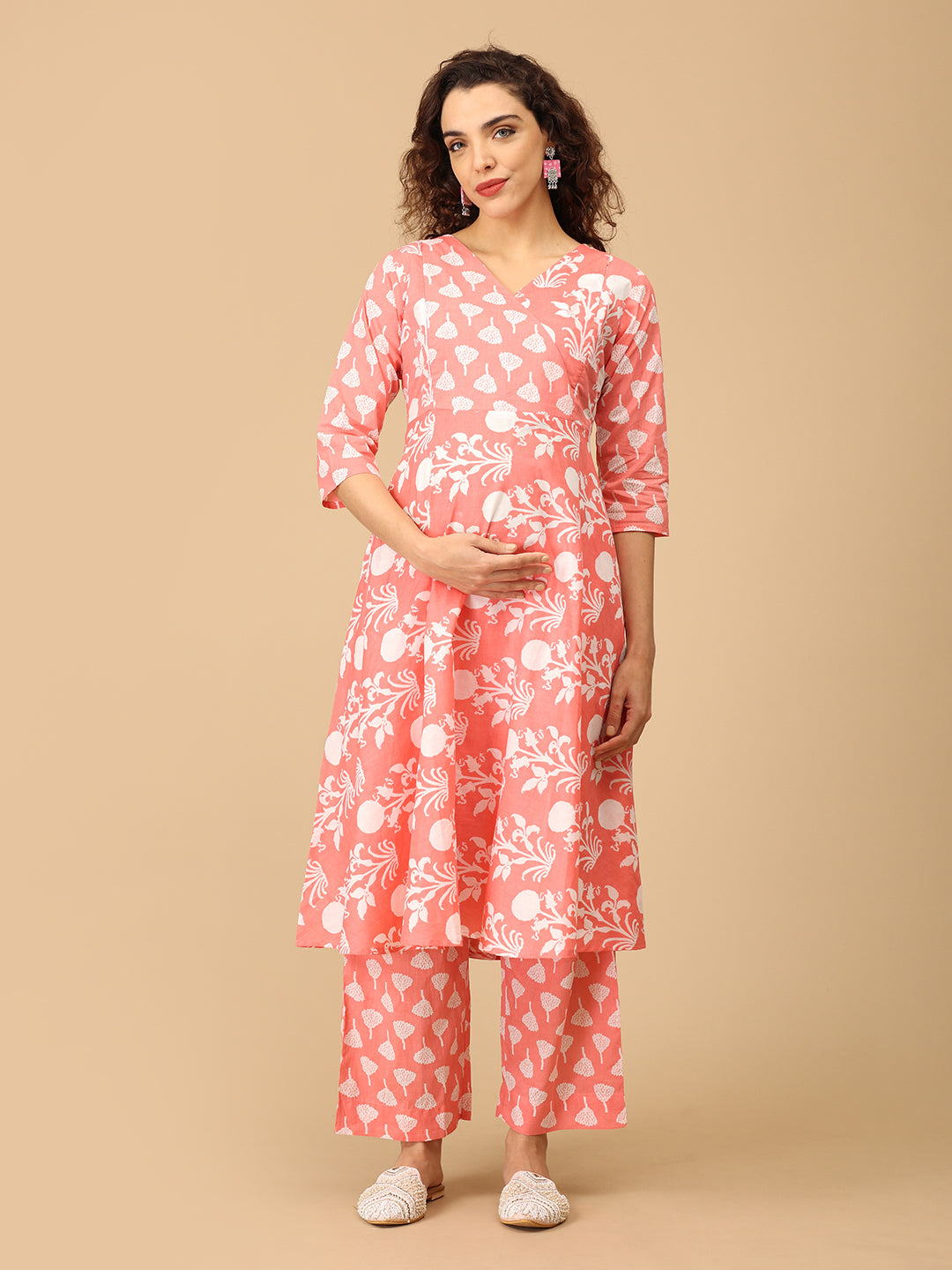 Peach Parchhai Maternity and Nursing Kurta Set With Dupatta