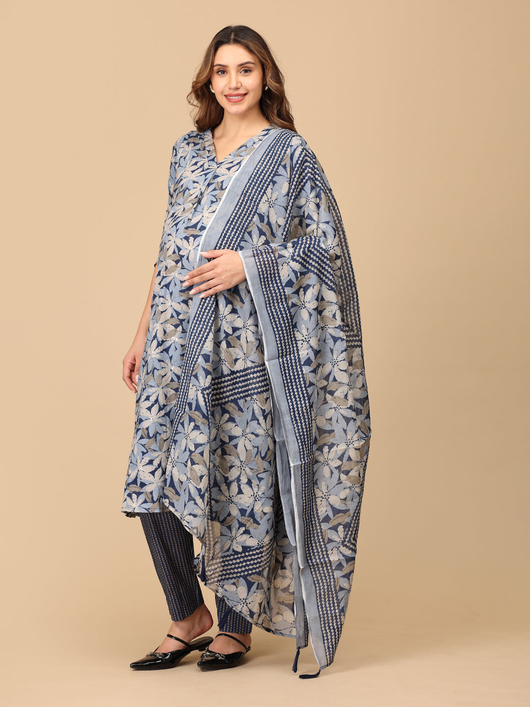 Phool On Navy Maternity and Nursing Kurta Set With Dupatta