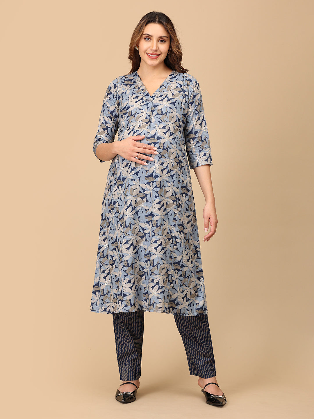 Phool On Navy Maternity and Nursing Kurta Set With Dupatta
