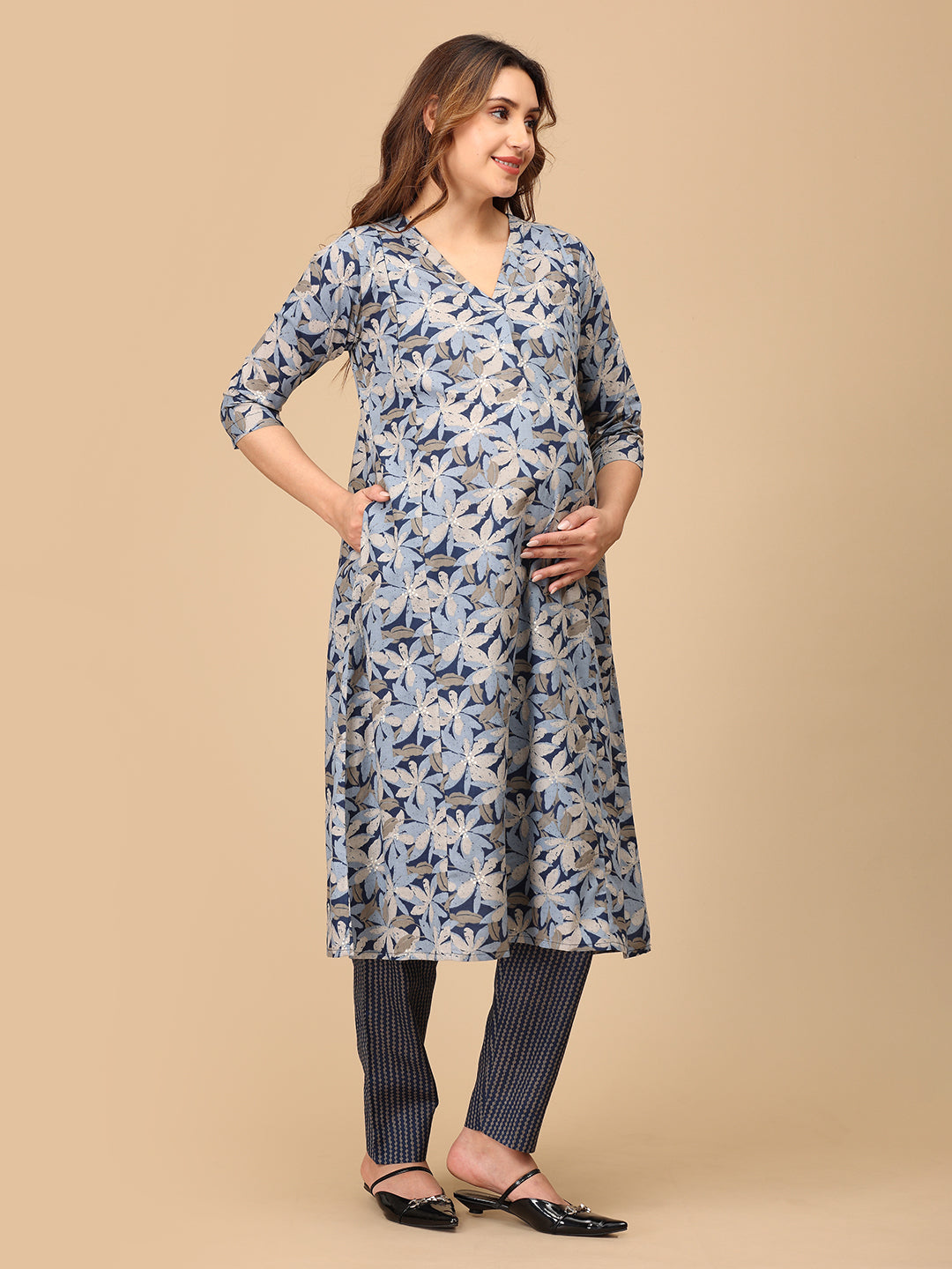 Phool On Navy Maternity and Nursing Kurta Set With Dupatta