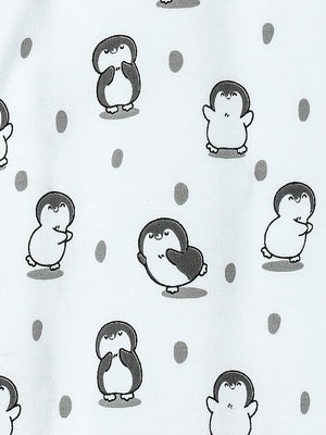Close up Picture of a jabla style romper from the mom store showing penguin designs