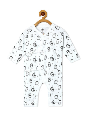 Picture of a jabla style romper with penguin designs from the mom store hanging on a rack