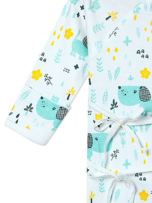 Close up picture of a limb of jabla style romper with puppy designs from the mom store