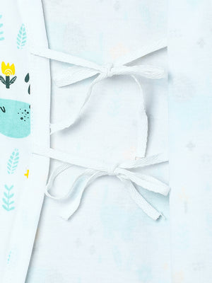 Close up picture of a side ties of jabla style romper with puppy designs from the mom store