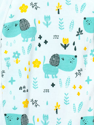 Close up Picture of a jabla style romper from the mom store showing puppy designs