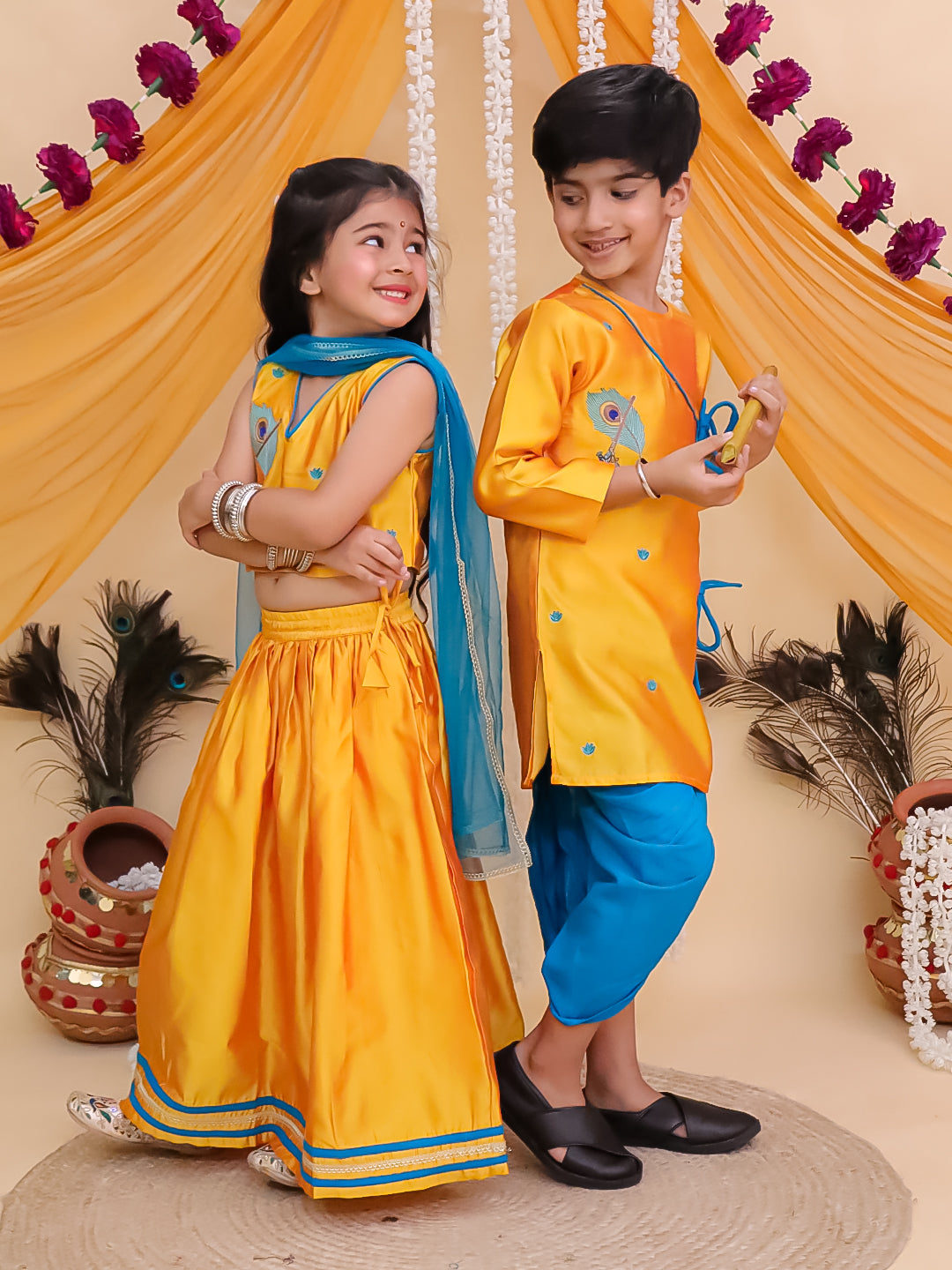 Ethnic Set-Rang Radha Girls Embroidered Lehenga Set and Vrindavan Vibe Boys Kurta Set