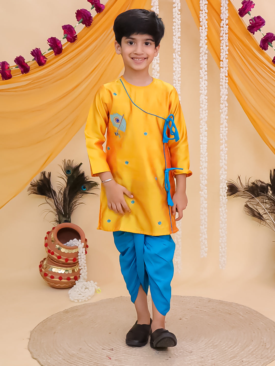 Ethnic Set-Rang Radha Girls Embroidered Lehenga Set and Vrindavan Vibe Boys Kurta Set