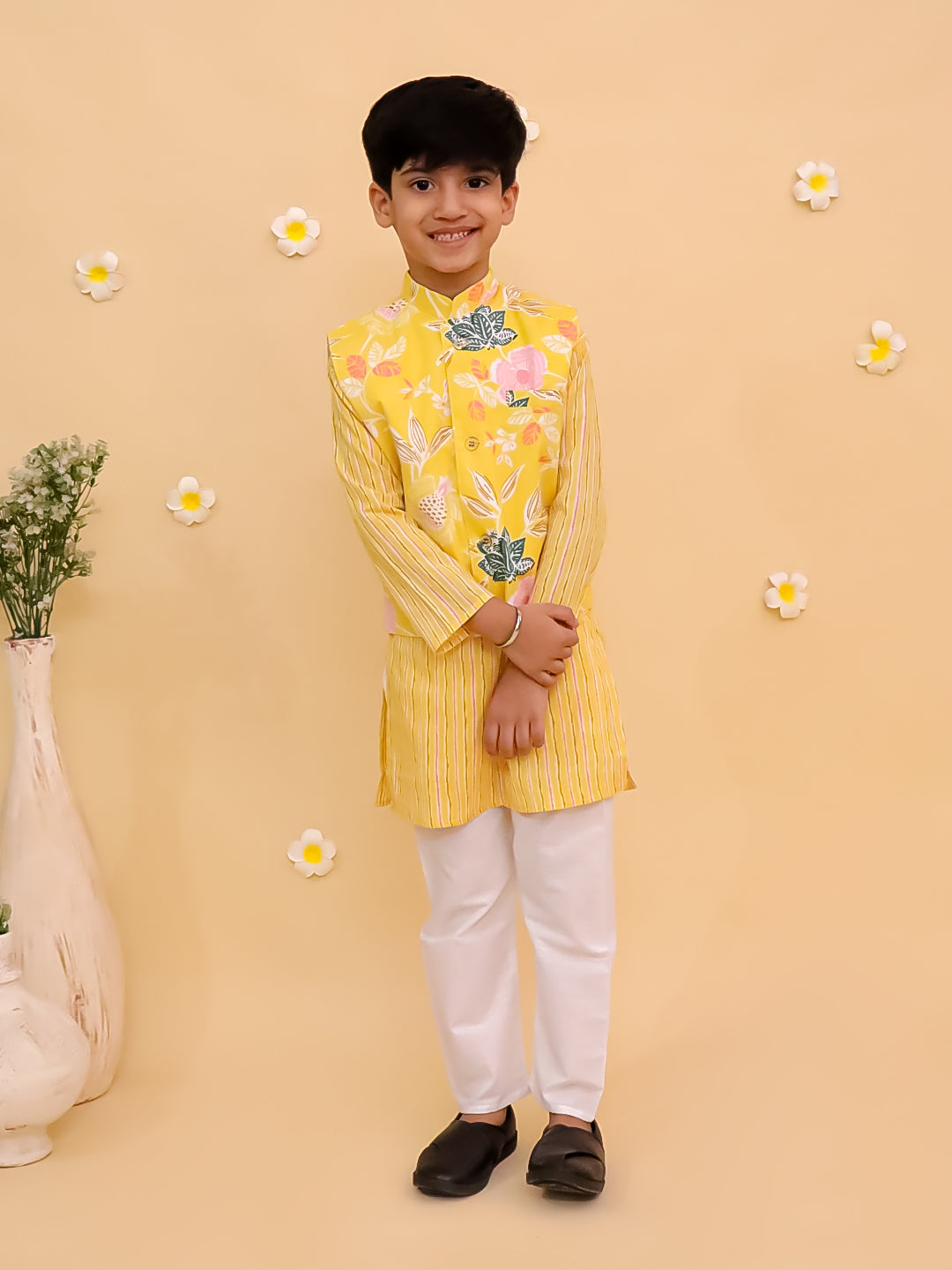 Twinning Combo-Ray of Style Women's Anarkali Set with Girls Anarkali Set & Boys Jacket Kurta Pajama
