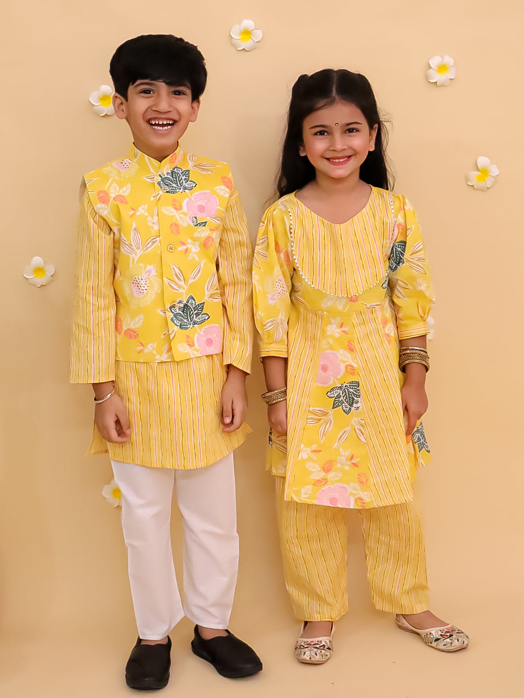 Ethnic Set-Ray of Style Girls Anarkali Sharara Set with Boys Jacket And Kurta Pajama Set