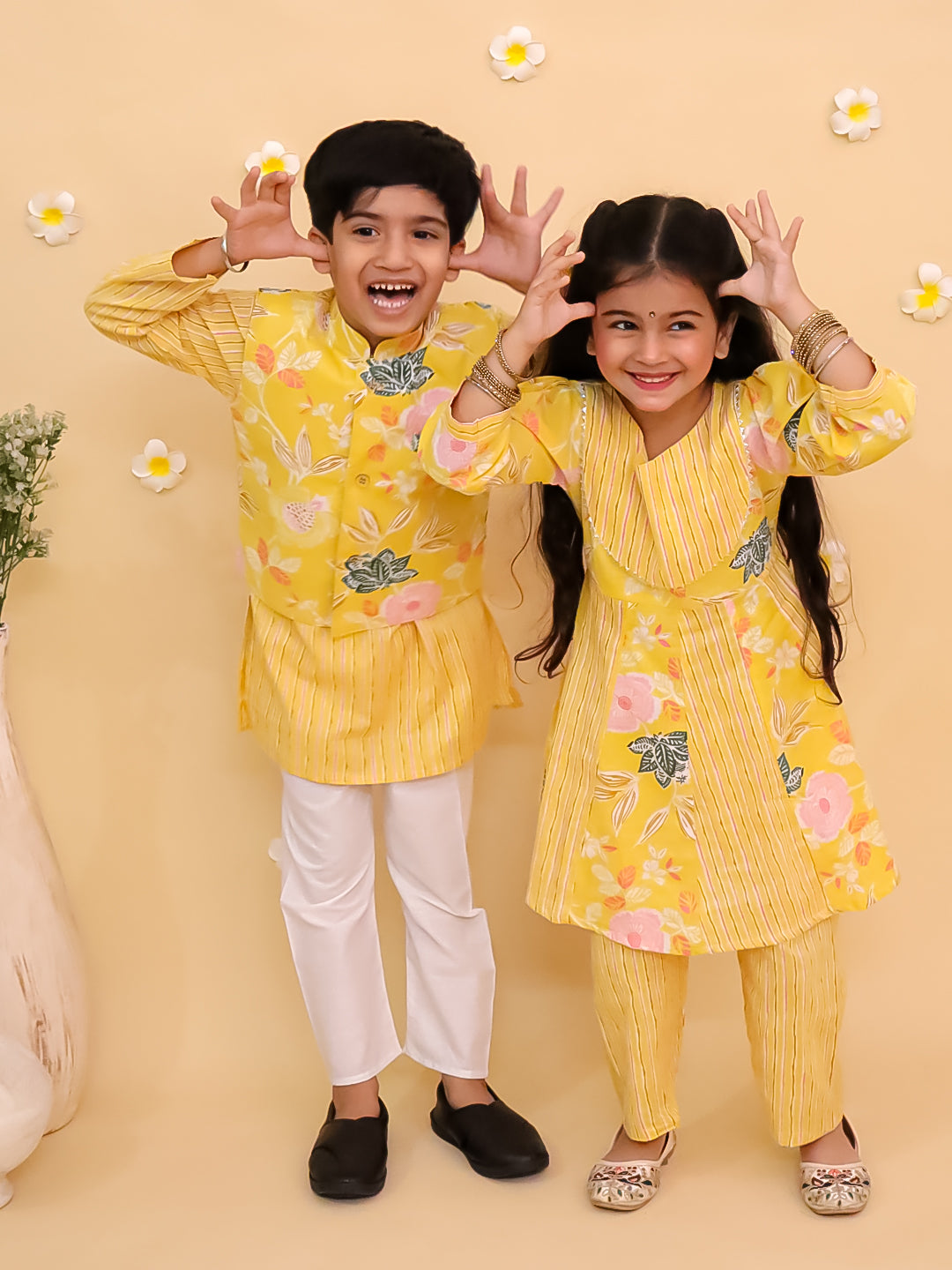 Ethnic Set-Ray of Style Girls Anarkali Sharara Set with Boys Jacket And Kurta Pajama Set