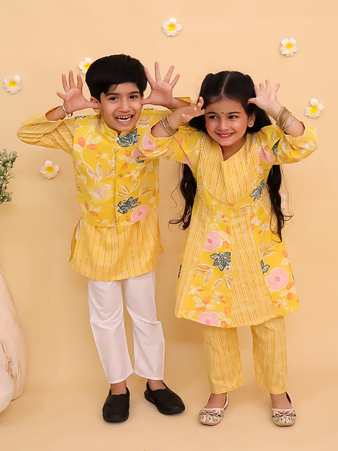 Ethnic Set-Ray of Style Girls Anarkali Sharara Set with Boys Jacket And Kurta Pajama Set