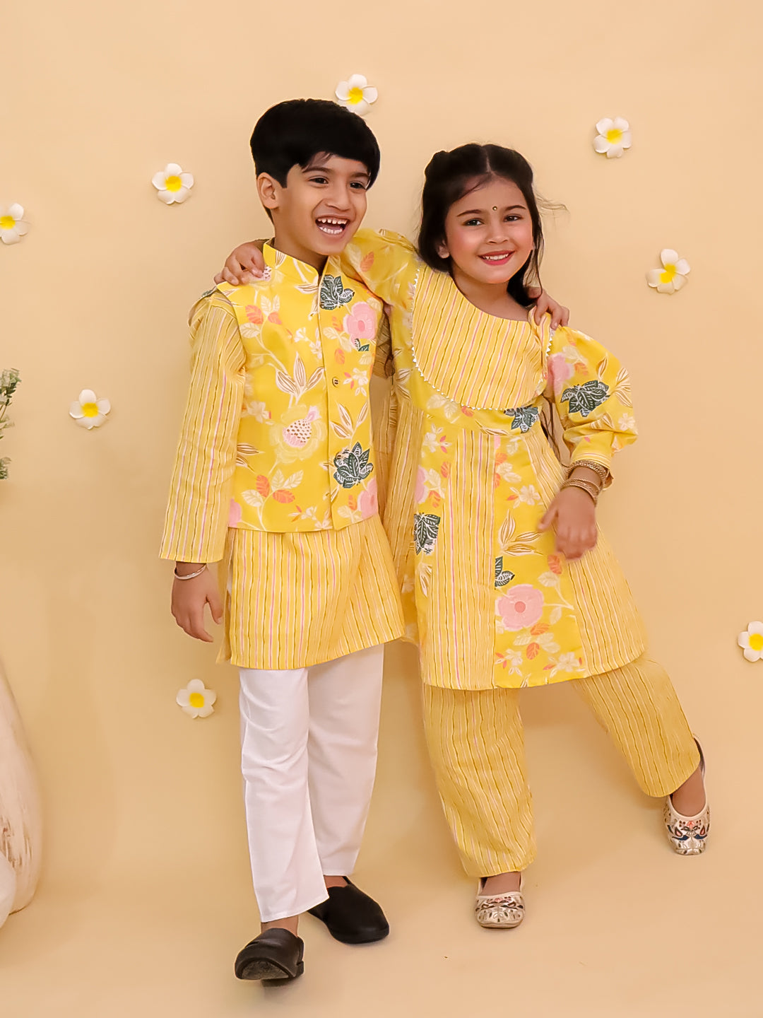 Ethnic Set-Ray of Style Girls Anarkali Sharara Set with Boys Jacket And Kurta Pajama Set