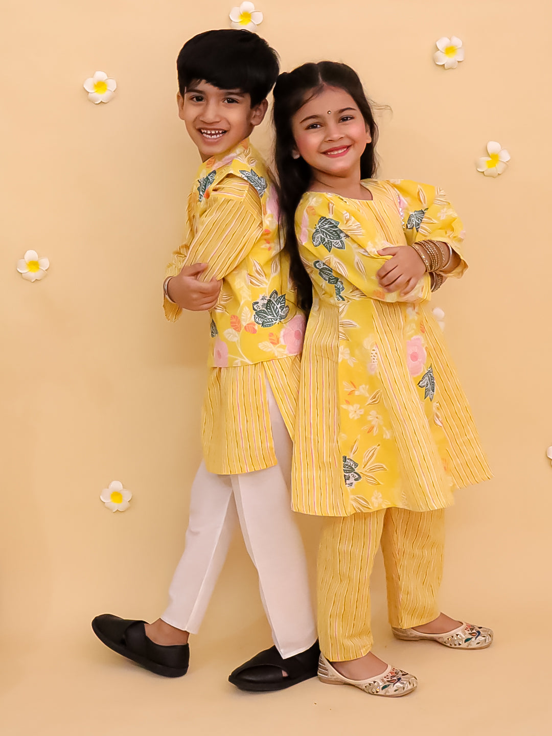 Ethnic Set-Ray of Style Girls Anarkali Sharara Set with Boys Jacket And Kurta Pajama Set