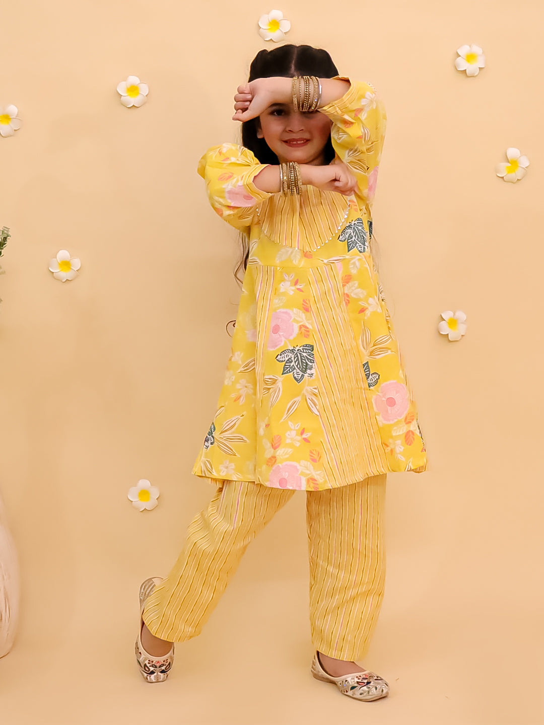 Ethnic Set-Ray of Style Girls Anarkali Sharara Set with Boys Jacket And Kurta Pajama Set