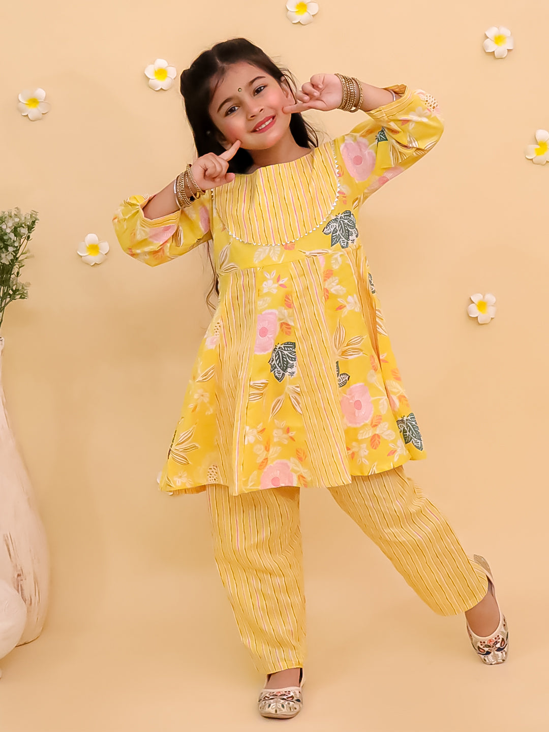 Ethnic Set-Ray of Style Girls Anarkali Sharara Set with Boys Jacket And Kurta Pajama Set