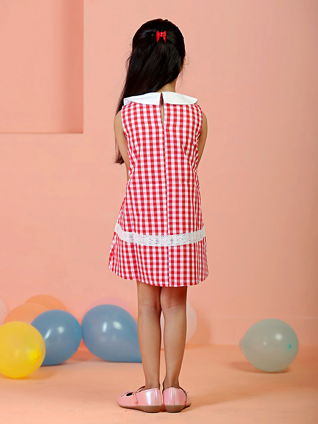 Red Checkered  Girls Casual Dress