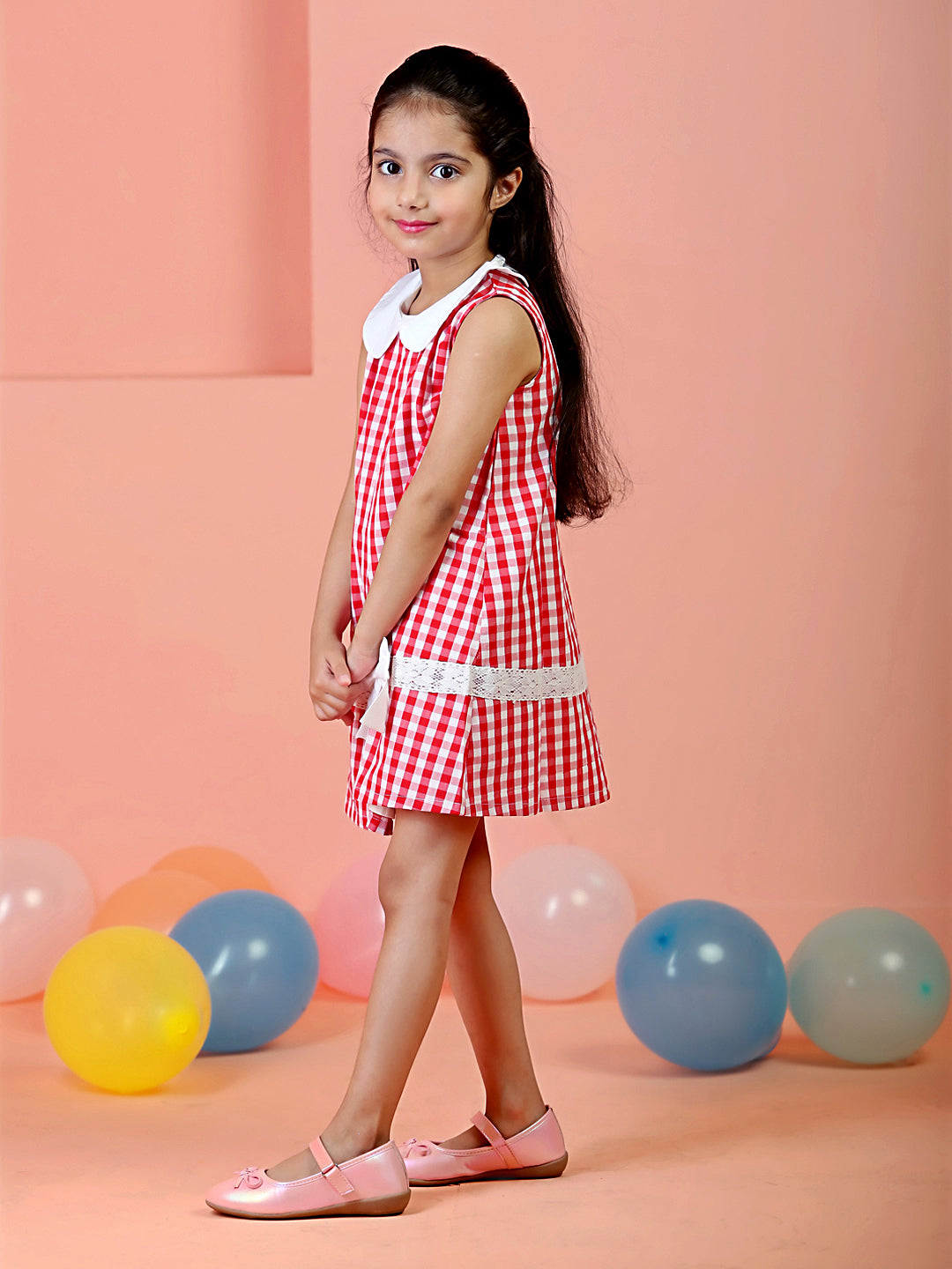 Red Checkered  Girls Casual Dress
