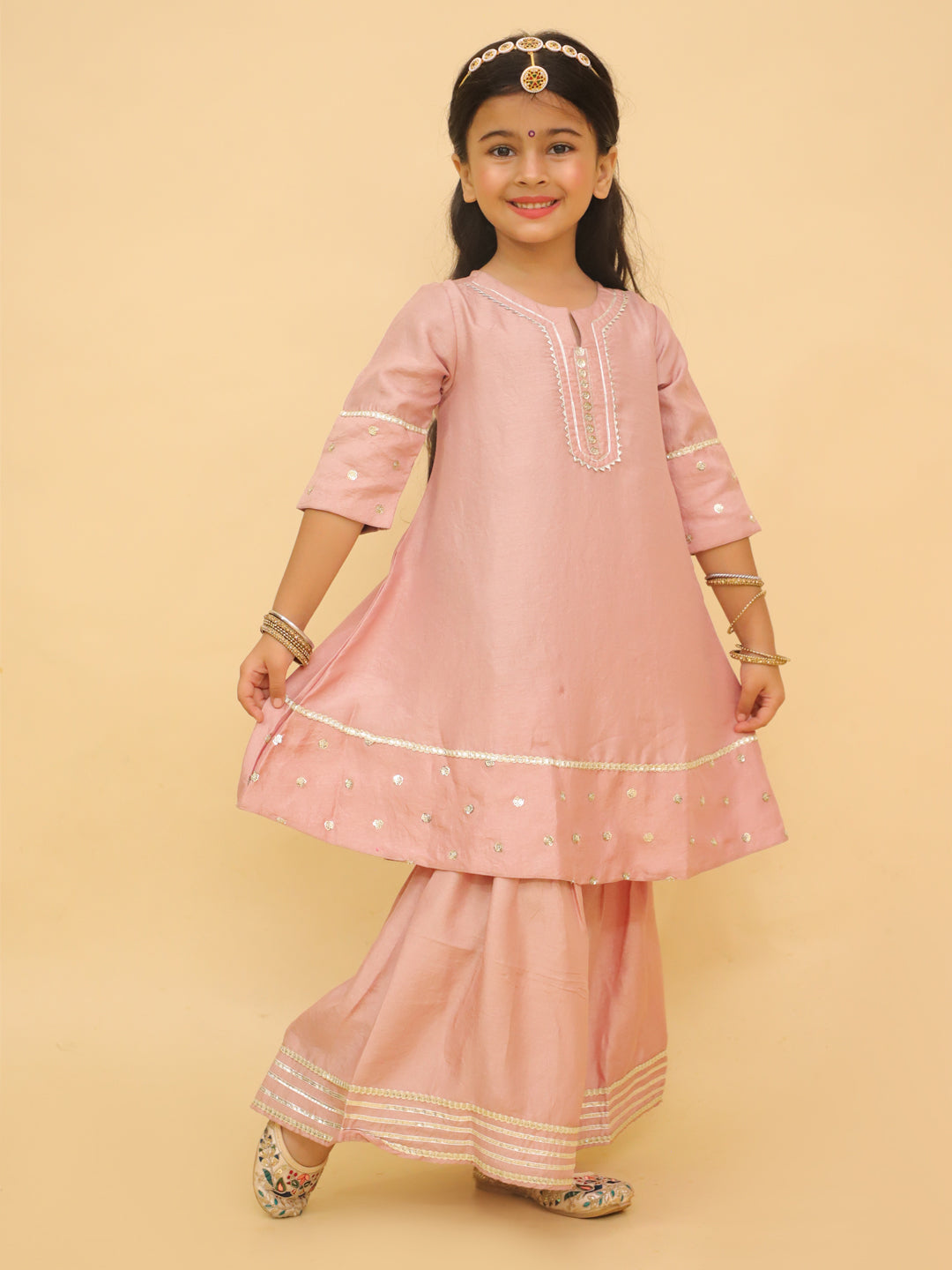 Rosé Radiance Girls Silk Anarkali Sharara Set