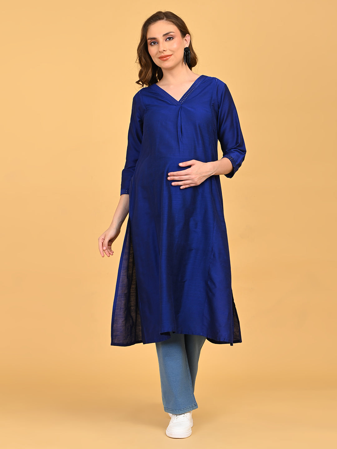 Front view of royal blue maternity and nursing kurta with V-neck embroidery and bump-friendly fit.