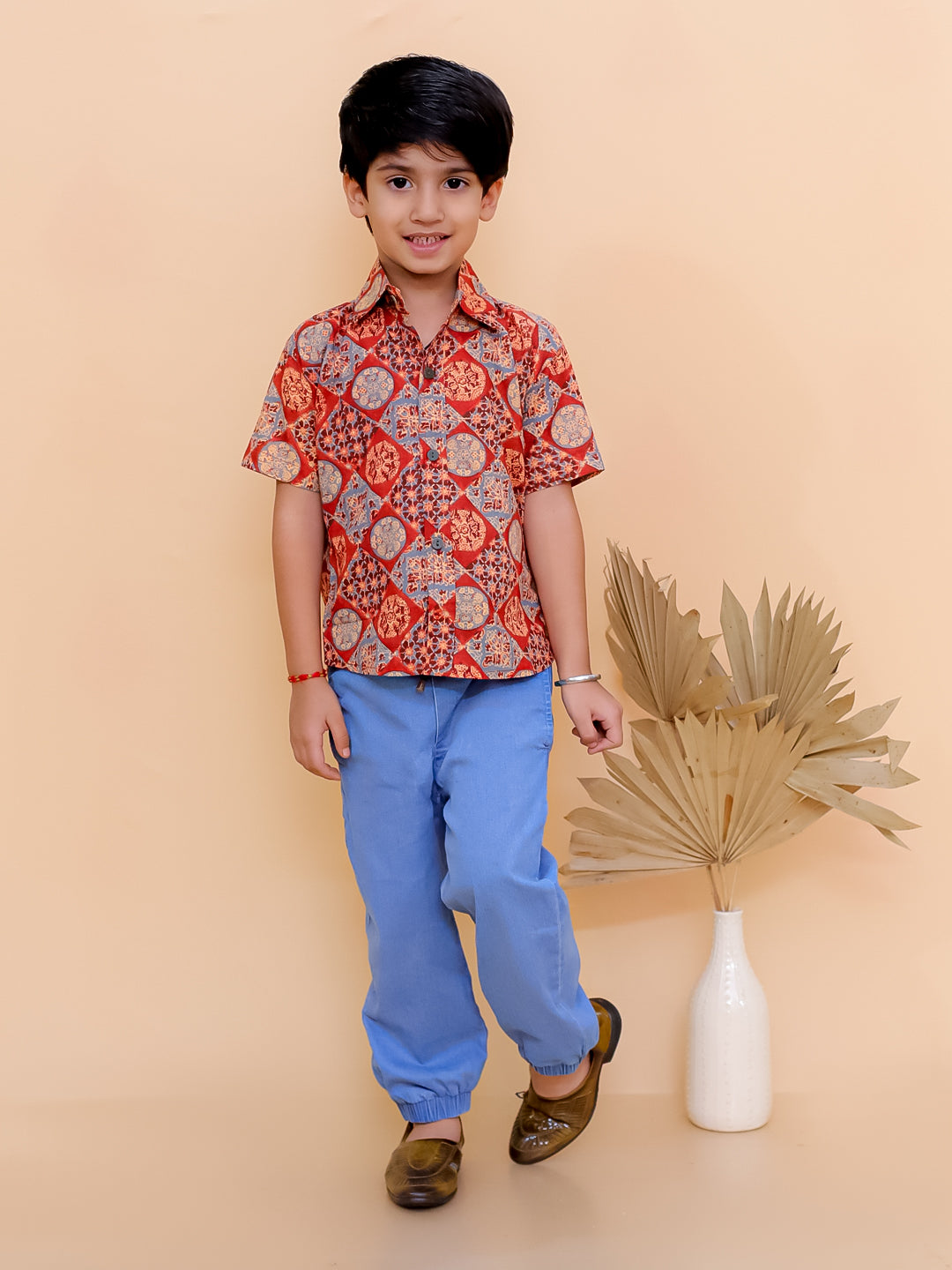 Rust Ajrakh Print Boys Shirt