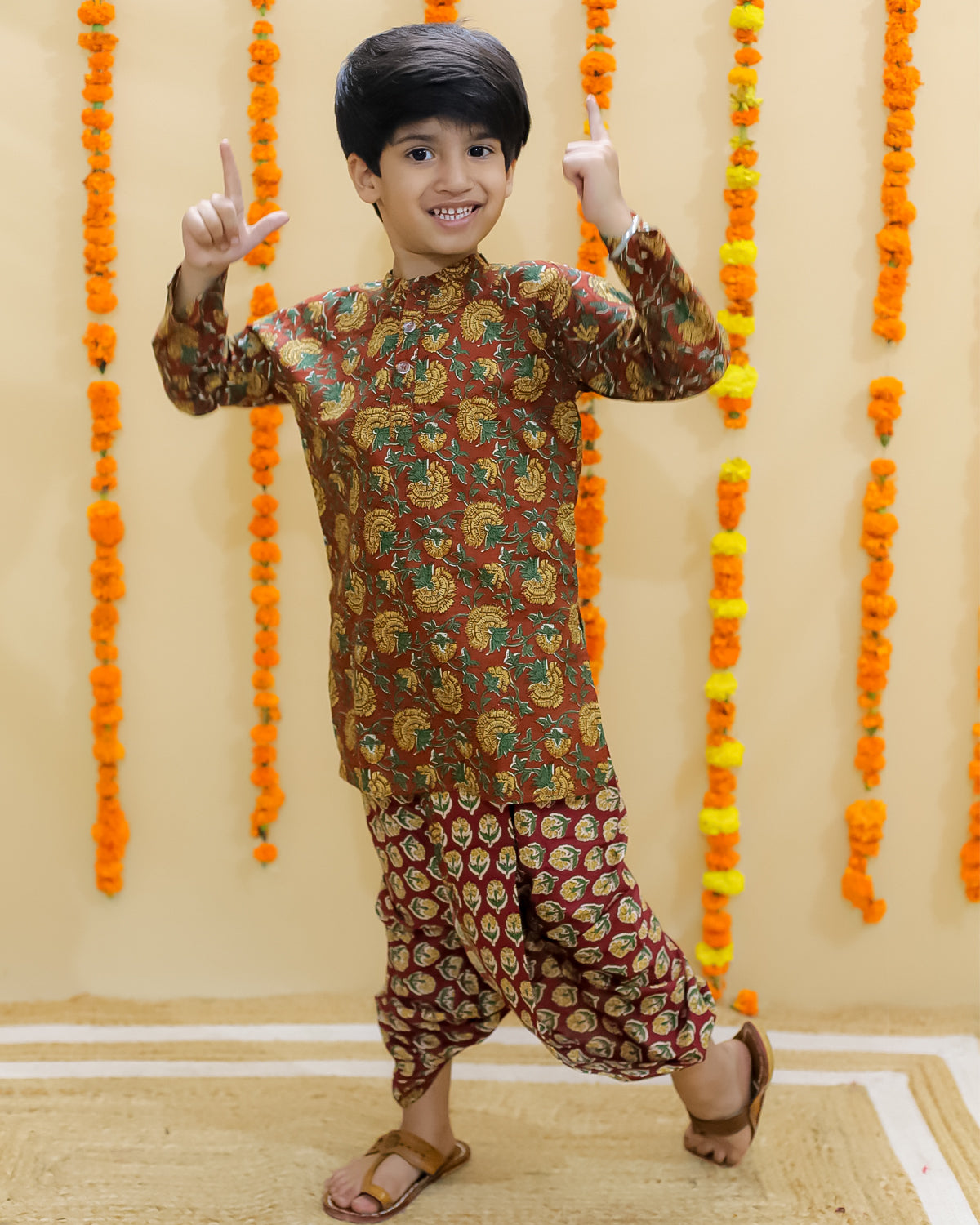 Ethnic Set-Rust Block Print Girls Anarkali Pajama Set with Rust Block Print Boys Dhoti Kurta Set