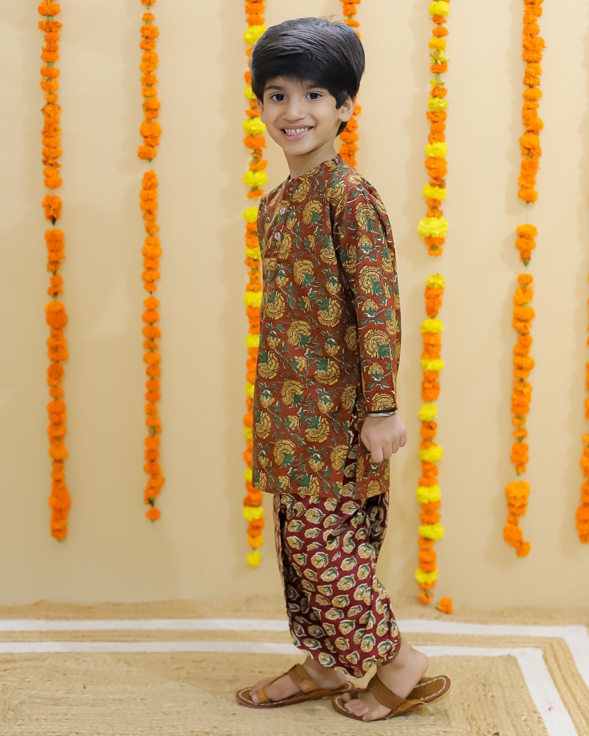 Rust Block Print Boys Dhoti Kurta Set