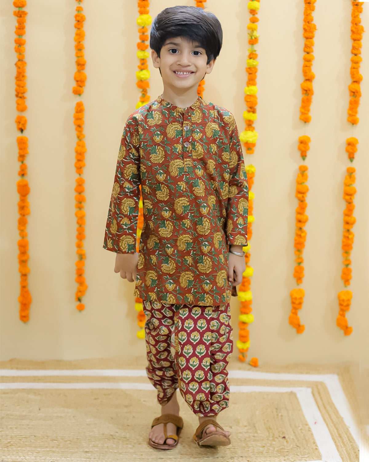 Ethnic Set-Rust Block Print Girls Anarkali Pajama Set with Rust Block Print Boys Dhoti Kurta Set