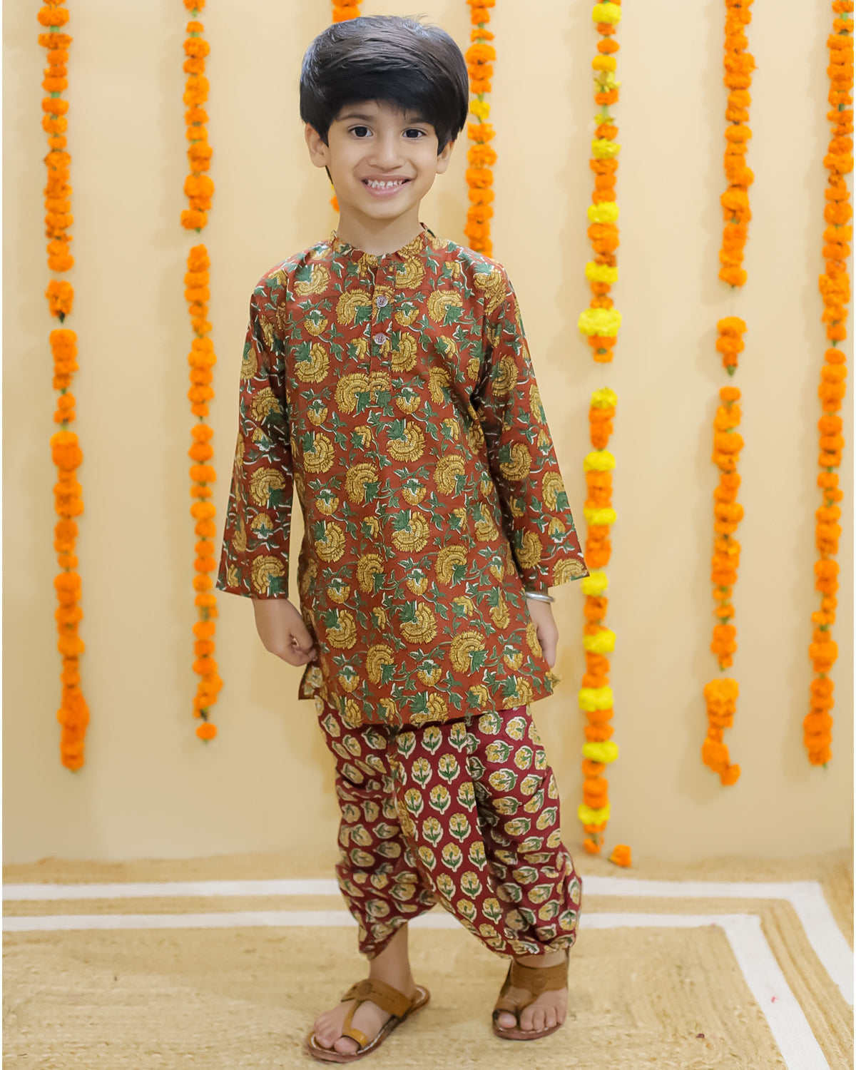 Ethnic Set-Rust Block Print Girls Anarkali Pajama Set with Rust Block Print Boys Dhoti Kurta Set