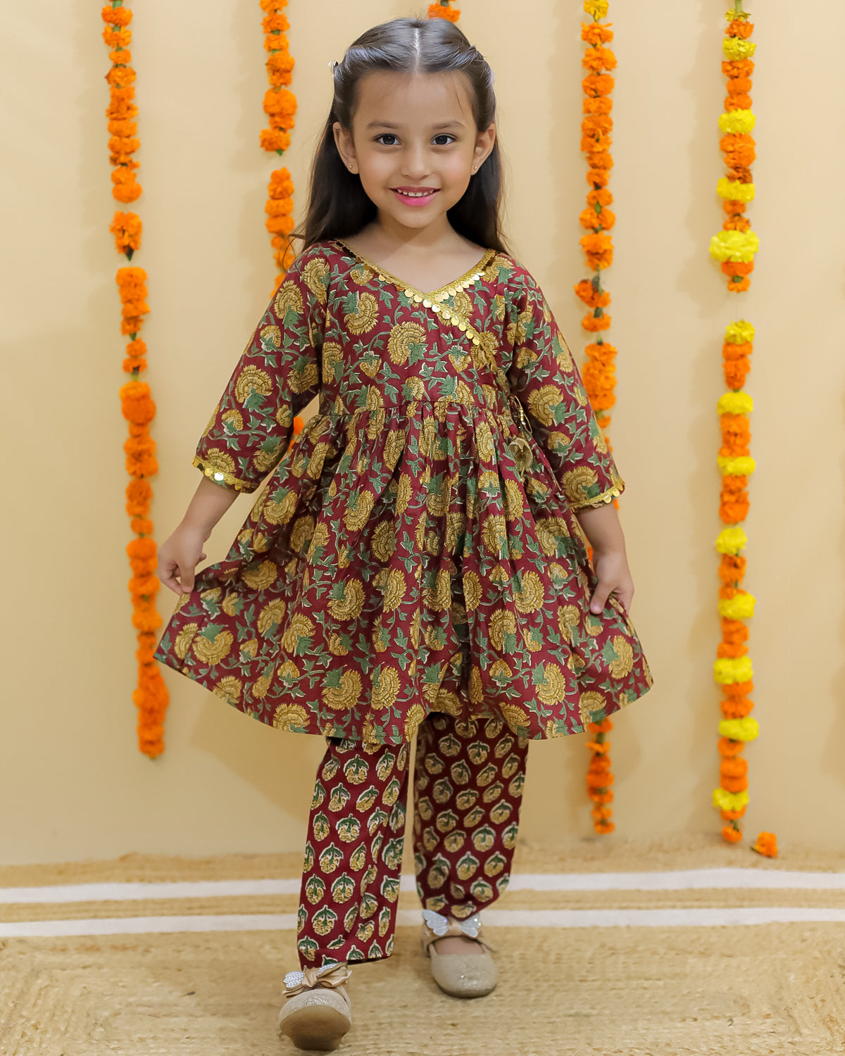 Ethnic Set-Rust Block Print Girls Anarkali Pajama Set with Rust Block Print Boys Dhoti Kurta Set