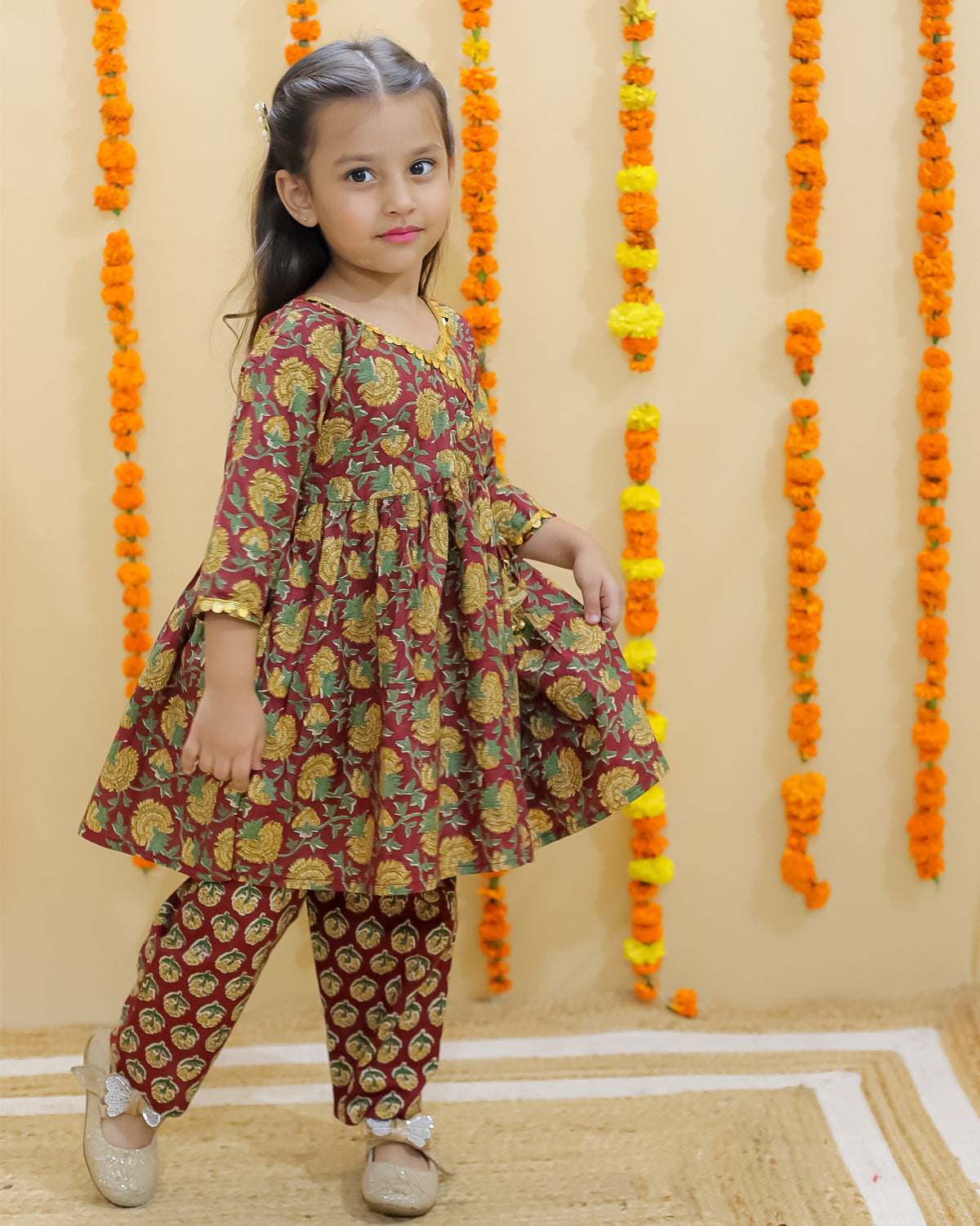 Ethnic Set-Rust Block Print Girls Anarkali Pajama Set with Rust Block Print Boys Dhoti Kurta Set