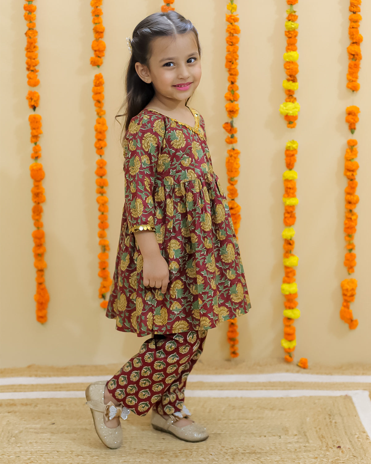 Rust Block Print Girls Anarkali Pajama Set