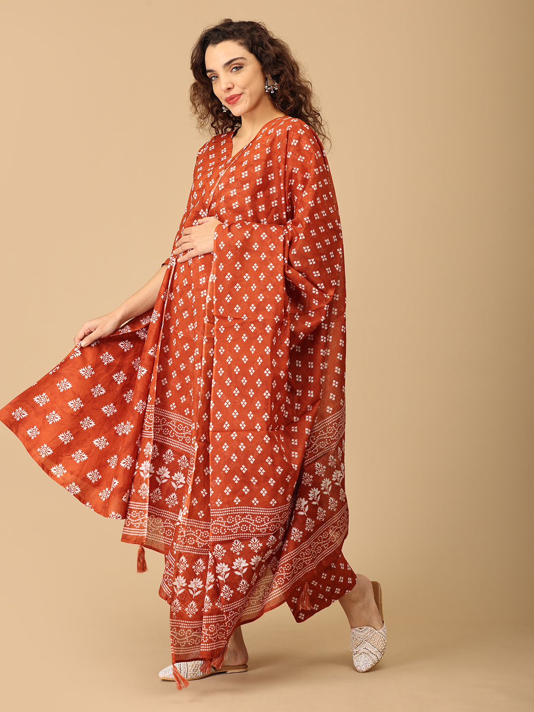 Rust Rasleela Maternity and Nursing Kurta Set With Dupatta